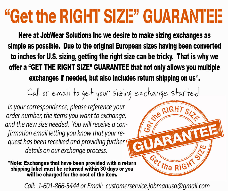 JobWear Solutions Right Size Guarantee - multiple exchanges with return shipping on us